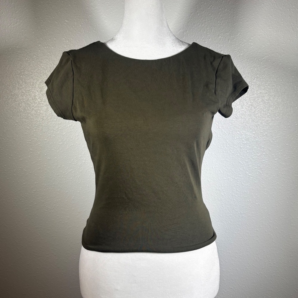 Whimsigoth Open Back Tie Neck Short Sleeve Top Dark Olive Green Small Garage